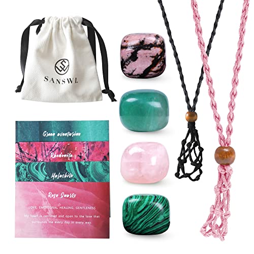 SANSWL 7 Chakra Healing Crystal Necklace Set - Boho Handmade Cord Cage and Hippie Energy Pendant Holder Real Crystal and Healing Stone Jewelry Spiritual Gift for Women Teen Christmas Gifts (HEART)