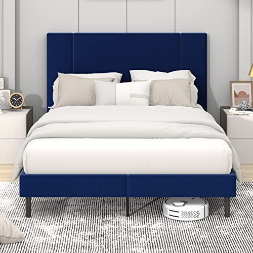 Flolinda Queen Bed Frame With Headboard, Soft Velvet Upholstered Bed Frame, Wood Sprung Slat Support, Modern Platform Bed Frame Queen Size, No Box Spring Needed, Easy Assembly, Navy Blue #TOP13
