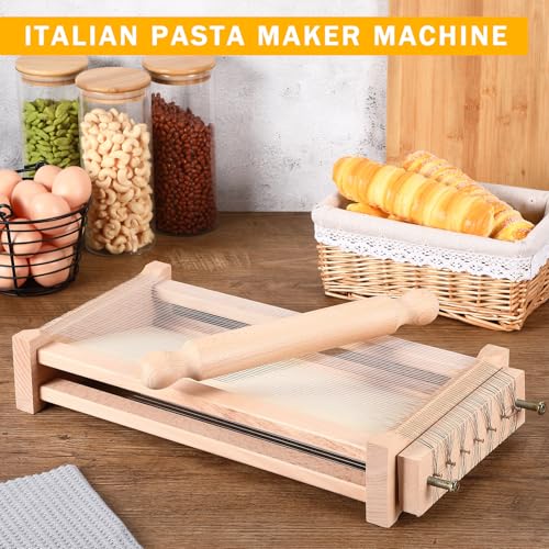 Chitarra Cutter Italian Pasta with Rolling Pin Guitar Board Making Tool Pasta Machine for Spaghetti, Lasagna(Wood Color)