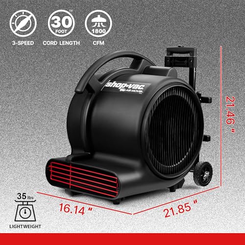 Shop-Vac 5430214 3-Speed 1800 CFM Air Mover, Floor Carpet Dryer, Blower Fan, Heavy Duty Stackable Design, for Restoration and Janitorial Use (1-Pack)