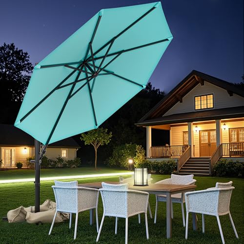 Image of Greesum 10FT Outdoor Patio Umbrella with High Pedel and 4 Gear Heights, Large Offset Market Umbrella with 360-degree Rotation, Without Base, Hanging Outdoor Shade for Garden, Lawn, Pool, Light Blue