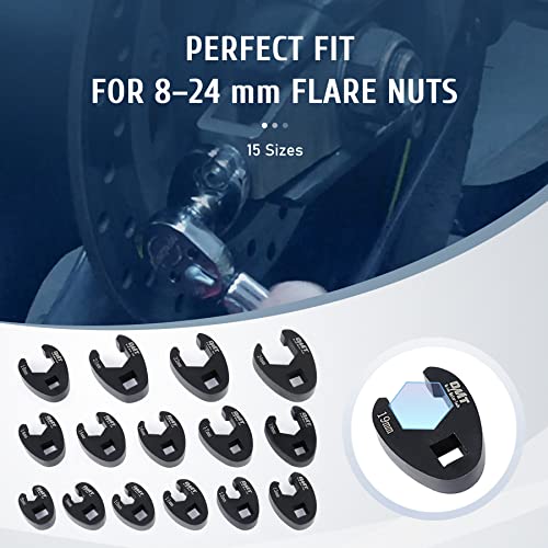 Omt Crowfoot Wrench Set For 8 To 24 Mm Flare Nuts, Crowfoot Flare Nut Tool Kit, 15 Piece Large & Small Metric Wrench Set For 3/8" And 1/2" Drives Ratchets Extenders For Nut Removal #TOP5