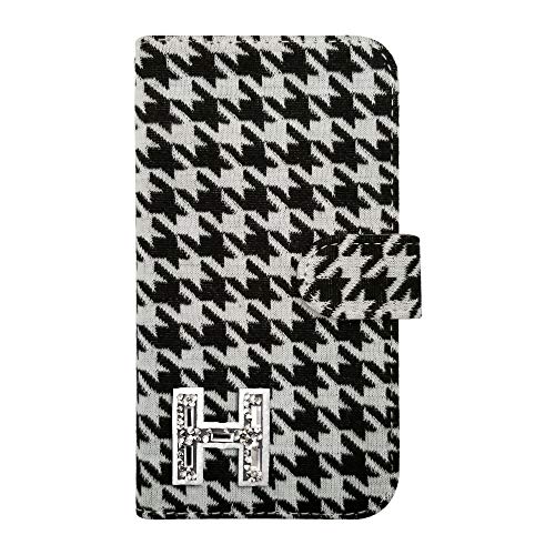 sslink iPhone17 Air アイフォン17エア 対応 手帳型 ケース イニシャル H (千鳥01) チェック柄 千鳥柄 ファブリック 布 生地 キラキラ ワッペン ラインストーン デコ 可愛い おしゃれ PUレザー 合皮 ダイアリータイプ 横開