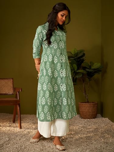 Image of DRESOUL Women's Cotton A-Line Calf Length 3 /4 Sleeve Ethnic Kurti