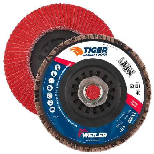 Image of Weiler 50121 4-1 /2 inch Tiger Ceramic Abrasive Flap Disc,Conical (Ty29),Trimmable, 40C, 5 /8 inch-11 UNC Nut