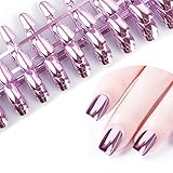 96Pcs Stiletto Fake Nails Full Cover Metal Mirror Reflection Glitter Sequins Medium Length False Acrylic Nail Kits（Gold and Silver Multicolor Mixed Series） (Pink)