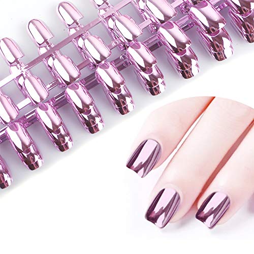 96Pcs Stiletto Fake Nails Full Cover Metal Mirror Reflection Glitter Sequins Medium Length False Acrylic Nail Kits（Gold and Silver Multicolor Mixed Series） (Pink)