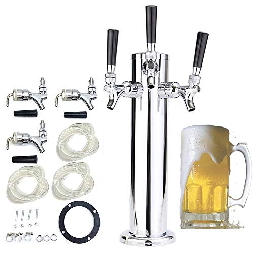 Torre de cerveza de barril de acero inoxidable de triple grifo, dispensador de cerveza con grifos de 3 pulgadas de 360 x 760 mm, incluye manguera para bar de cerveza casera