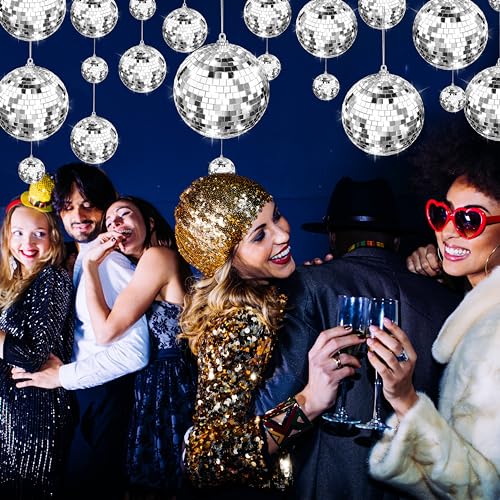 68 Pieces Mirror Disco Balls Bright Reflective Silver 70s Hanging Ornaments for Holiday Christmas Tree Wedding Party Dance and Music Festivals New Year Eve Cake Decoration (1.2\",2\",3.2\",4\")