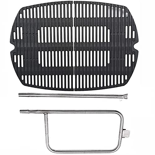 Image of SafBbcue 7584 25 inch Cast Iron Cooking Grates & 65032 23.75 inch Grill Burner for Wber Q300 320 3000 3200 57060001 586002 Grills, Baby Q Grill Grids & Grates and Grill Burner Tube Kit for Weber 7646 & 65032