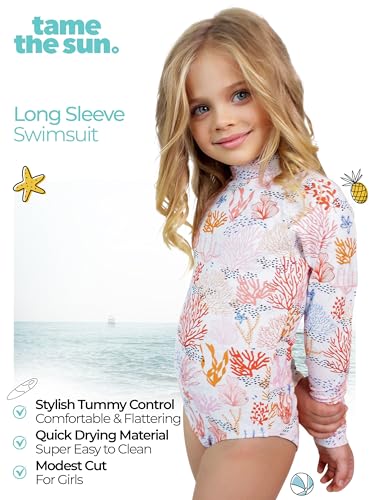 Tame the Sun Long Sleeve Girls Swimsuit - Rash Guard One Piece Bathing Suit - UPF 50+ Zipper Girls Swimwear3