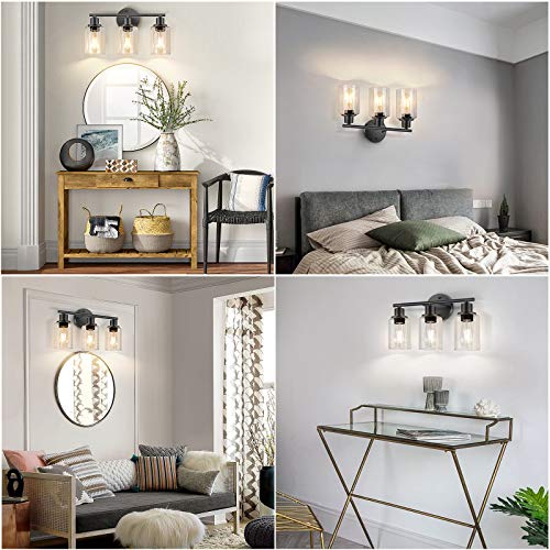 Bathroom Vanity Light Fixtures, 3 Lights Modern Wall Sconce Lighting Matte Black, Farmhouse Metal Wall Lamp with Glass Shade, Porch Wall Mount Light Fixture for Mirror Bedroom Kitchen Hallway Stairs - Thumbnail 7