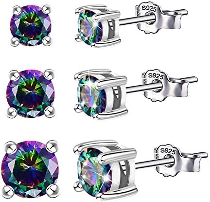 14K White Gold Plated Rainbow Earrings Set Sterling Silver Round Stud Earrings Set Hypoallergenic Colorful Crystal Earrings for Sensitive Ears Minimalist Earrings Gifts for Women Men Teens Girls Kids