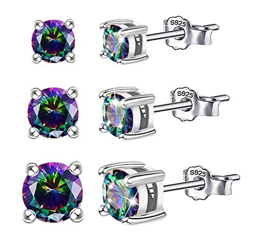 Rainbow Earrings Set for Women Men Sterling Silver Round Stud Earrings Set Hypoallergenic Colorful Cubic Zirconia Earrings for Sensitive Ears Minimalist Earrings Gifts for Him Her,4MM,5MM,6MM,3 Pairs
