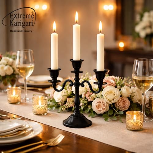 Image of Aluminum 3-Arm 8inch Black Candelabra for Dining Table | Vintage Candle Stand for Romantic Dinner, Home & Wedding Decor