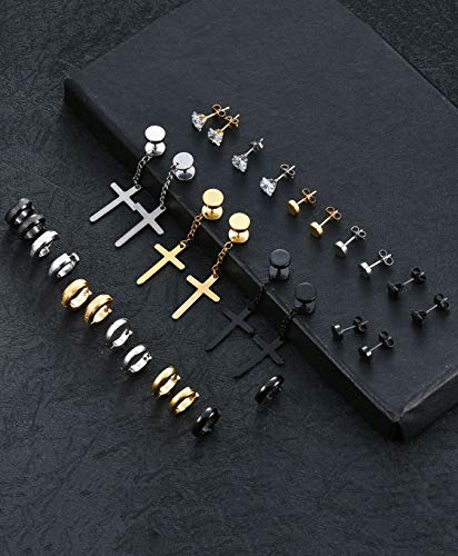 Ofeiyaa 15 Pairs Stainless Steel Cross Dangle Hinged Earrings Hoop Huggie Earrings Cz Stud Earrings Set For Men Women Ear Piercing Jewelry Black Silver Gold Tone #TOP2