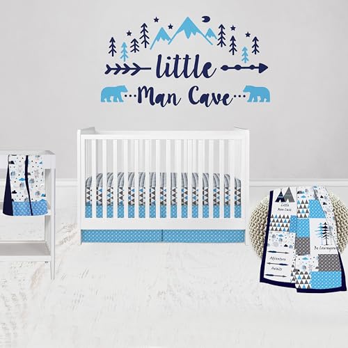 Bacati - Woodlands Forest Animals Aqua/Navy/Grey 4 Piece Cotton Crib Bedding Set with Diaper Caddy for Boys