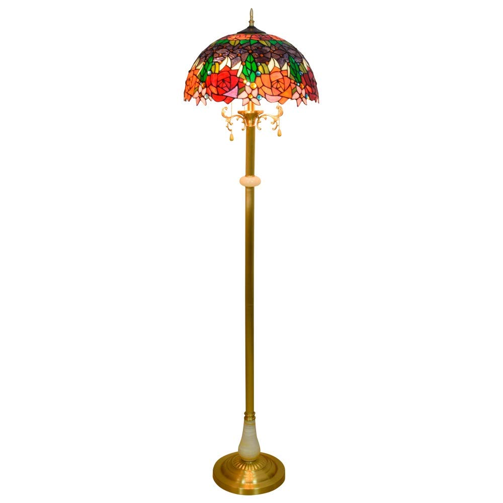 IUokLU Tiffany Floor Lamp Standing Reading Lamp 16-" Tiffany European Style High-Grade Showy Rose Glass Floor Lamp Pure Copper Vertical Reading Lamp for Study Living Bed Decoration