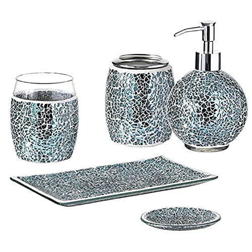 WHOLE HOUSEWARES 5-Pieces Bathroom Accessory Sets Crackle Mosaic Glass Ensemble-Lotion Dispenser Toothbrush Holder Tumbler Vanity Tray Soap Dish (Navy Blue)