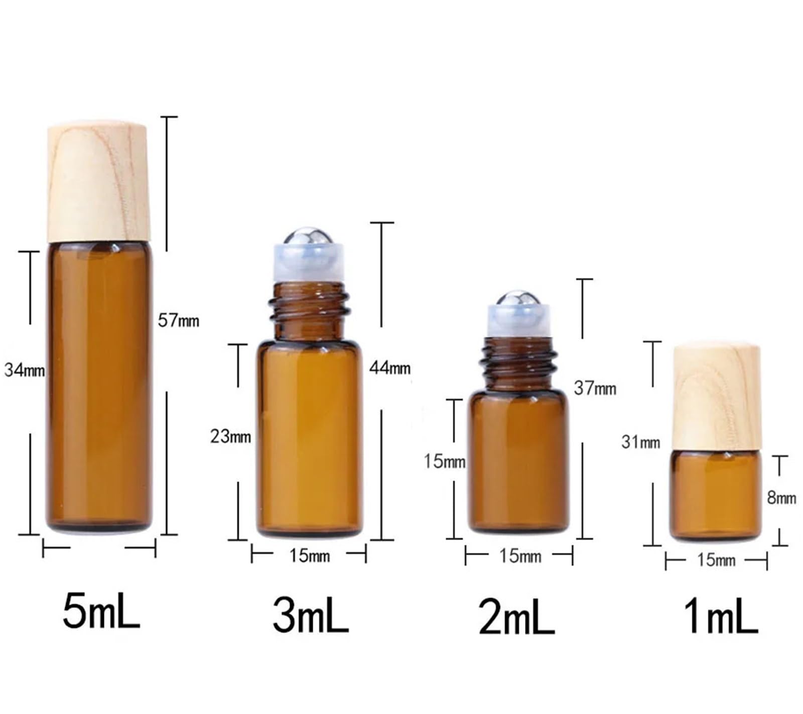 Roll On Flasche 20 x 50 x Glas-Rollflaschen for ätherische Öle, 1 ml, 2 ml, 3 ml, 5 ml, bernsteinfarbenes, transparentes Roll-on-Fläschchen, Holzoptik