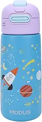 Garrafa Térmica Infantil - 500mL, Parede Dupla Livre de BPA, Anti Vazamento, com Canudo Silicone (Azul Espaço Sideral)