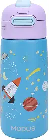 Garrafa Térmica Infantil - 500mL, Parede Dupla Livre de BPA, Anti Vazamento, com Canudo Silicone (Azul Espaço Sideral)