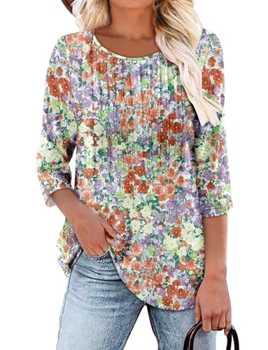 KISSMODA Tunic Tops for Women Loose Fit Dressy Round Neck Pleated 3/4 Length Sleeve Spring Tops