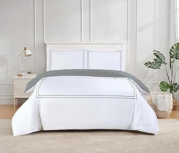 Majestic Giftware Madison Linen 4 Pcs 48" Full Size Duvet Bedding Set (BL50-48F-2-4pcs) Flora Hotel Collection-White-Gray Embroidery 400 TC Cotton Sateen |1 Fitted Sheet, 1 Duvet, 2 Pillowcase
