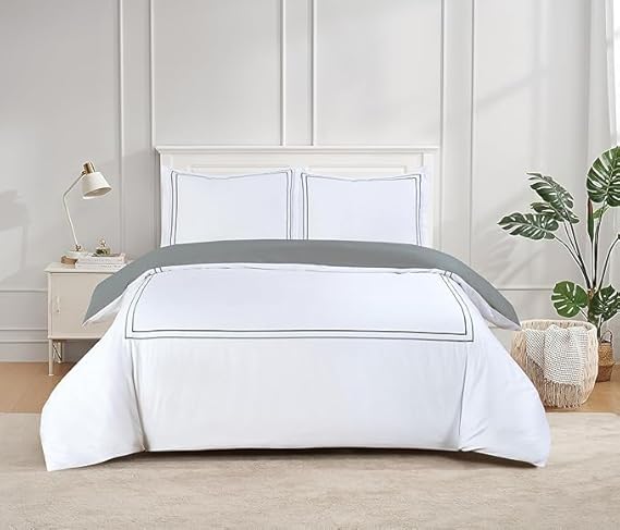 Majestic Giftware Madison Linen 4 Pcs 48" Full Size Duvet Bedding Set (BL50-48F-2-4pcs) Flora Hotel Collection-White-Gray Embroidery 400 TC Cotton Sateen |1 Fitted Sheet, 1 Duvet, 2 Pillowcase