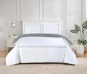 Majestic Giftware Madison Linen 4 Pcs 48" Full Size Duvet Bedding Set (BL50-48F-2-4pcs) Flora Hotel Collection-White-Gray Embroidery 400 TC Cotton Sateen |1 Fitted Sheet, 1 Duvet, 2 Pillowcase
