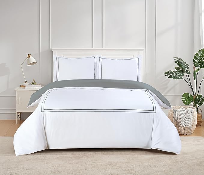 Majestic Giftware Madison Linen 4 Pcs 48" Full Size Duvet Bedding Set (BL50-48F-2-4pcs) Flora Hotel Collection-White-Gray Embroidery 400 TC Cotton Sateen |1 Fitted Sheet, 1 Duvet, 2 Pillowcase
