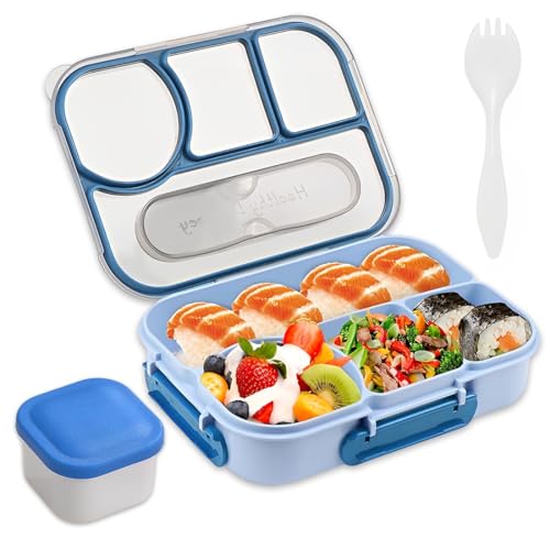 DWFEYOI Fiambrera Bento Con caja de salsa, Fiambrera con 4 compartimentos para Cubiertos, Fiambrera a Prueba de Fugas, Fiambrera para Niños con Compartimentos para Escuela, Guardería, Oficina