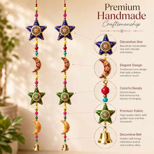 Image of Bindian Toran for Main Door, Decorative Door Thoranam Hanging, Diwali Decoration for Home Entrance, Wall Decor Hanging Ornament, Traditional Festive Welcome Decor for House (Star Moon Pack of 2)