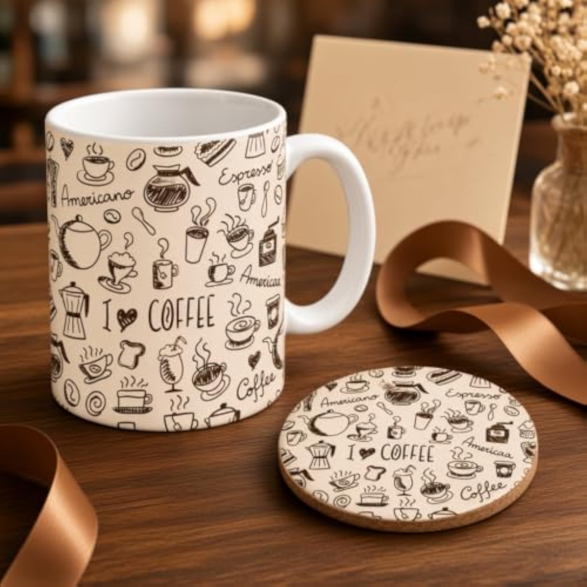 I Love Coffee Mug and Round Coaster Set