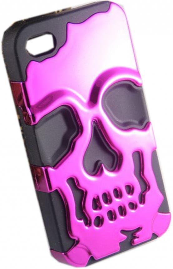 DE New Fashion Plastic + Silicone Tuff Dual Layer 2-Piece Hybrid Design Hot Pink Skull Style Protective Shell Classic Hard Case Cover Compatible for Apple iPhone 4 4G 4S