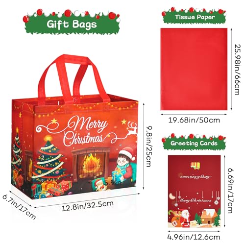 Image of JMANNI Gift Bags (6pc) - Christmas Bags with Tissue Paper & Cards, Non-Woven, Durable, Reusable, for Gifts Wrapping, Holiday Parties & Shopping
