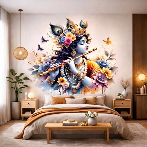 Image of Lord Krishna Playing Flute Wall Sticker, Watercolour Floral Design, Spiritual Home Decor for Pooja Room, Krishna with Flute, Bedroom, Living Room, Kids Room, 3D Decal Sticker, Extra Large Size