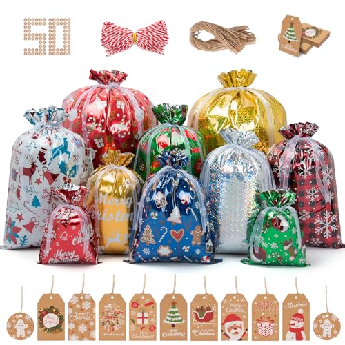 Lousrnman 50PCS Christmas Gift Bags, 50× Large Drawstring Bags for Presents, 60× Kraft Paper Tags and 2× 390in Ribbon Ties, 10× Patterns Holiday Gift Bags in 5× Sizes (Large Jumbo Medium Small)