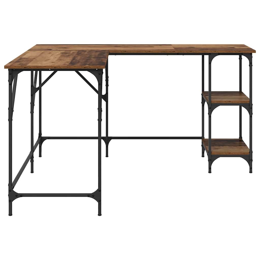 Escritorio de madera recuperada en forma de L, 139 x 139 x 75 cm, madera con patas de acero, altura regulable, con estante y cajón, espacio de trabajo ergonómico para oficina, oficina en casa