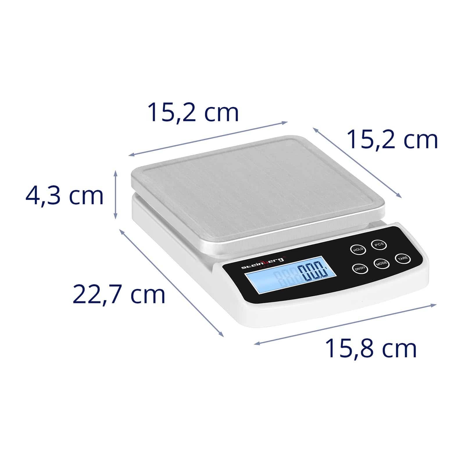 Steinberg Systems SBS-LW-5000/100 waga pocztowa, waga do paczek, waga cyfrowa (5 kg/0,1 g, 2 x AAA, 15,2 x 15,2 cm, wyświetlacz LCD)