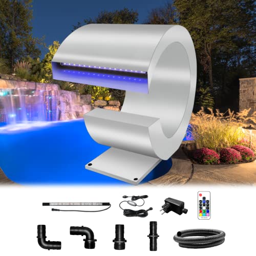 Longrun Pond Waterfall Fountain, J-shaped Stainless steel Pond Waterfall Spillway Blade with 7 Colors LED, Complete Pool Fountain Water Spray Kit for Above Ground Swimming Pool-23.5x36x34.5cm
