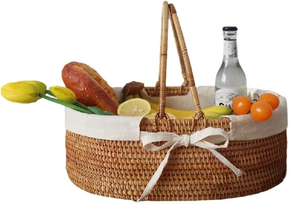 Luopan Storage Accessories, Hand-Woven Rattan Picnic Storage Basket Outdoor Supplies Portable Fruit Picking Box(Oval 2pcs(S+M))