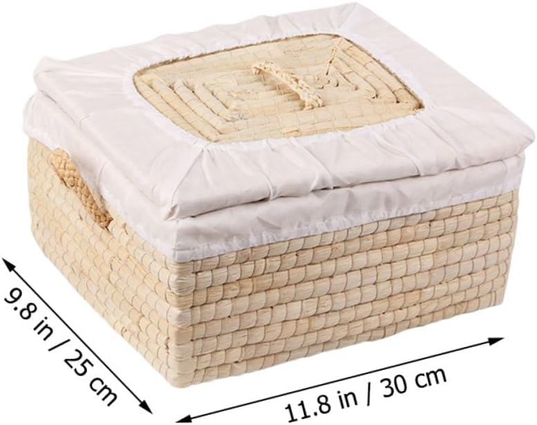 Woven Straw Bread Basket with Lid 25x30x14cm, Square Bun Basket for 5-10 Buns, Household Kitchen Organizer and Food Storage Tray