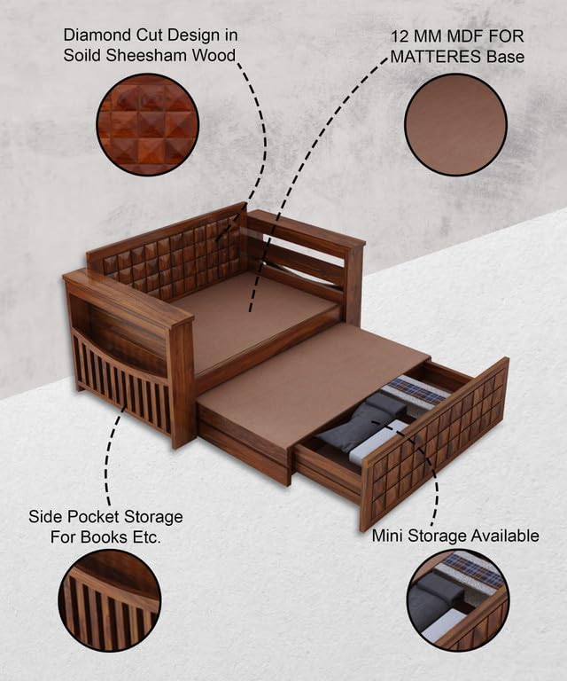 Image of Solid Sheesham Wood Sofa Cum Bed 2 Seater | Wooden Foldable Double Bed for Living Room with Storage | Bed Cum Sofa with Mattress for Home | Full Diamond Design (Honey Finish)