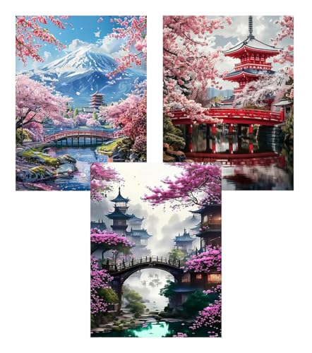 3 Pack Sakura Paint by Numbers Kit for Adults Mount Fuji Acrylic Painting Kit Adult Paint by Number Kits on Canvas DIY Painting for Beginners Art by Numbers for Gifts Home Wall Decor 12x16 inch