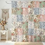 Shower Curtains for Bathroom, Boho Shower Curtain, Vintage Boho Pink Floral Bathroom Decor Bath Curtain, Mid Century Waterproof Retro Farmhouse Patchwork Floral Shower Curtain, 72 X 72 Inches
