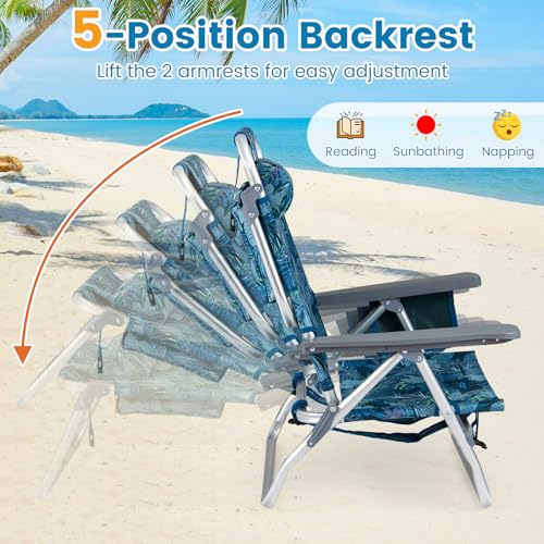 Image of Giantex Folding Beach Chair, Patio Sling Chairs with 5 Adjustable Position, Head Pillow, Storage Bag, Towel Bar, Cup Holders, Backpack Chairs for Sunbathing, Camping Chair