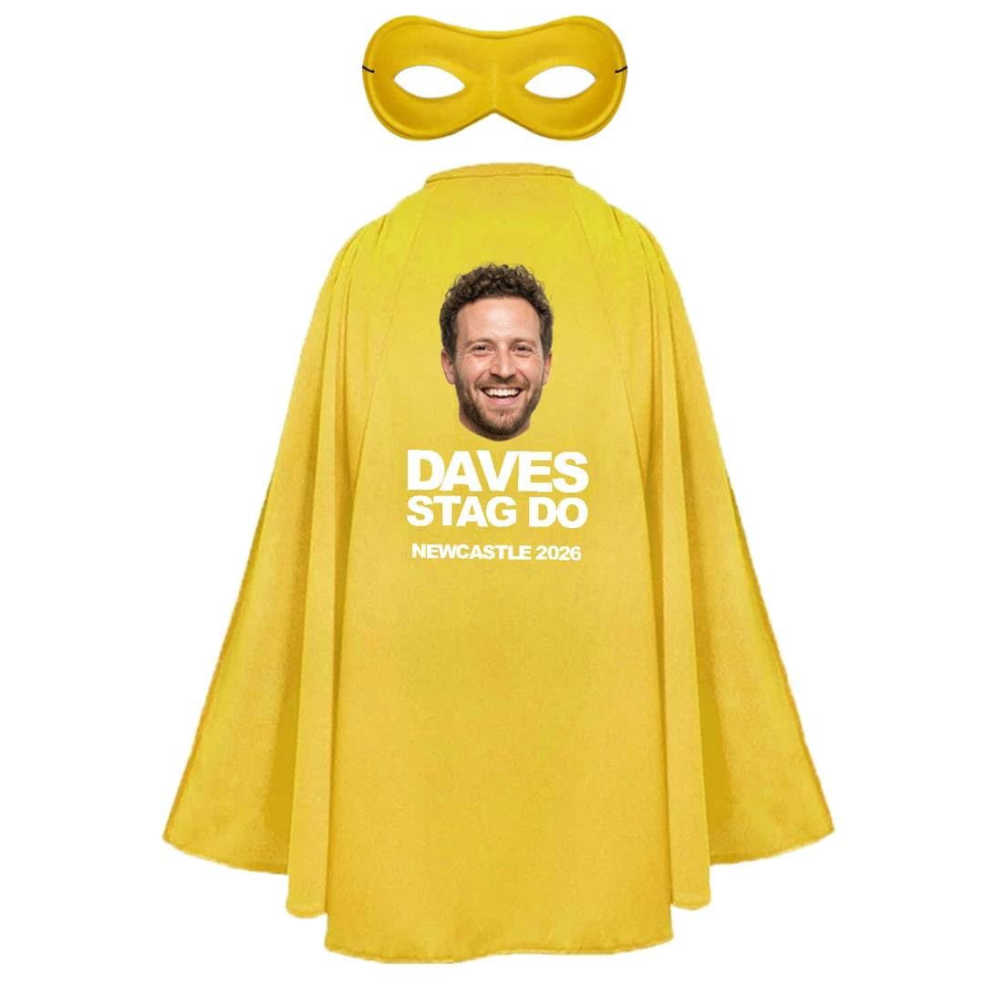 Adults Personalised Superhero Stag Costume - Pack of 3 - Long Yellow Cape with Your Design on the Back, Matching Eyemask - Mens Stag Party Upload Your Own Design Customised Fancy Dress Outfit