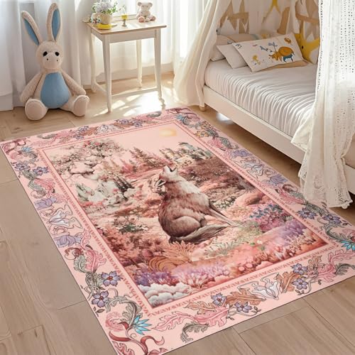 TUKDAK Animal Area Rug 5x7 for Living Room Machine Washable, Wolf Floral Bedroom Rug with Non Slip Rubber Backing, Low Pile Farmhouse Fantasy Carpet for Kids Playroom Dining Room Nursery (Pink)