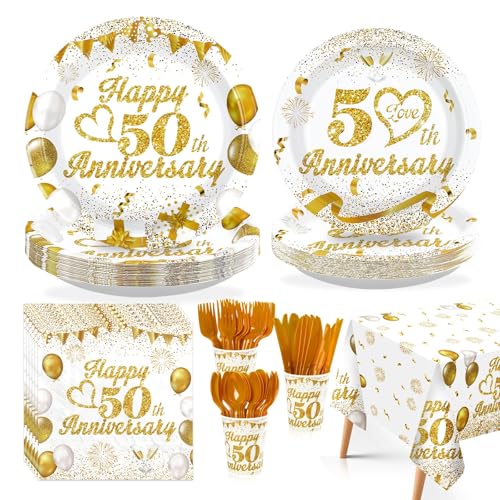 Greencian 170pcs 50th Wedding Anniversary Decorations Golden 50th Anniversary Party Plates and Napkins White and Gold Tableware Sets Forks Tablecloths Cup for Men Women Wedding Party Decoration Serve